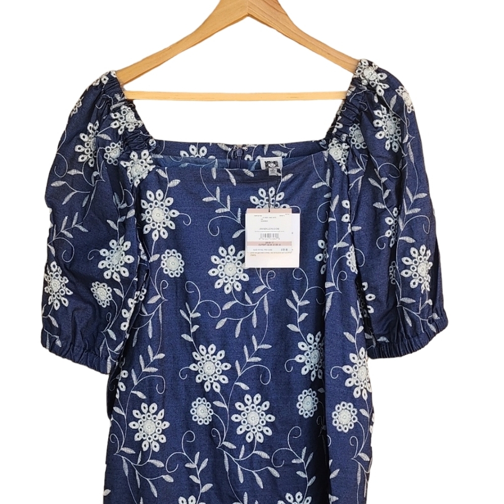 ANNE KLEIN Blue Embroidered Chambray Denim Dress 12 Floral Cotton Shift - Picture 14 of 16